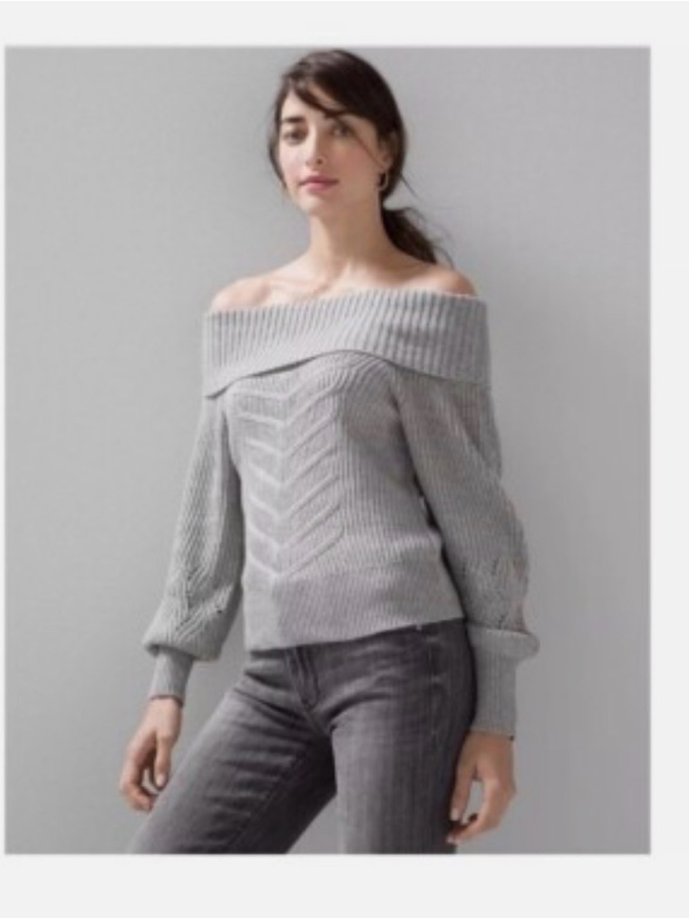WHBM Off-Shoulder Cable Knit Sweater - Light Gray